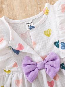 SHEIN Vintaside Kids Đầm dễ thương tay bồng in hình trái tim và nơ cho bé gái - Màu tím - Xem 5