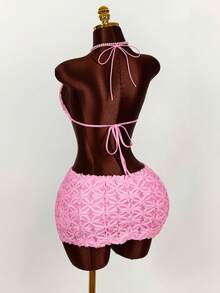 Amplova Romantic Boho Vacation New Textured Fabric Triangle Cup Bralette Top & Low Waist Mini Skirt Women 2-Piece Set Short Skirt Two Piece Set 2 Piece Sets Woman Lace Two Piece Set Bikini Skirt Set - Pink - View 2