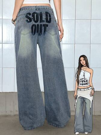 Grunge Punk Jeans de mezclilla casual con estampado para mujer