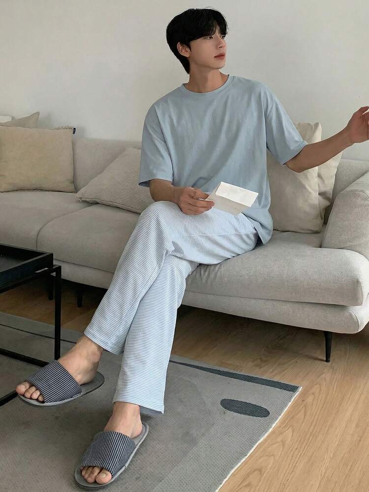 Men's Short Sleeve T-Shirt And Pants Pajama Set, Summer