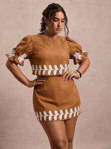 Freevana 大码度假休闲撞色印花衬衫和半裙两件套 - 棕色 - 查看 3