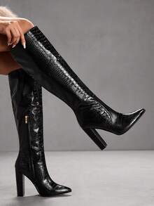 CUCCOO SZL Stone Texture Chunky Heel Pointed Toe Knee-High Boots For Women Valentine's Day