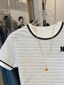 Resyla 女士字母刺绣圆领条纹印花休闲短袖T恤 - 白色 - 查看 3