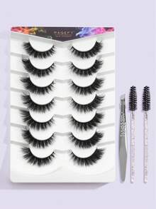 MAGEFY 7对自然浓密假睫毛+1个睫毛镊子+2个一次性睫毛刷，浓密卷翘蓬松假睫毛，适合派对、漫画风格，旅行必备 - 黑色 - 查看 2