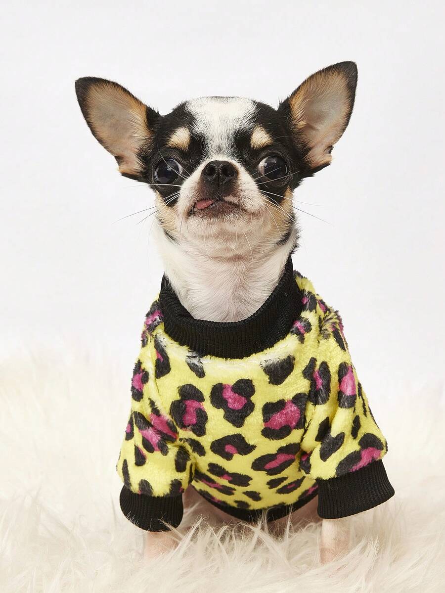 PETSIN 1 Printed Pink Leopard Print Flannel Sweatshirt, Thick And Warm For Pets In Autumn And Winter, Yellow - Yellow - View 1