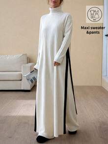 EURMUSE Women Contrast Color Detailed Slit High Neck Long Sweater Dress & Sweater Pants Set - Beige - View 5