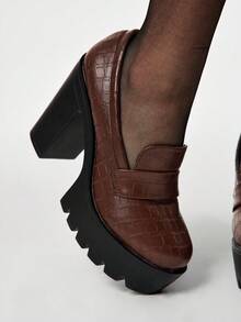 ROMWE Goth Fashionable Versatile Commute Thick Sole Chunky High Heel Pumps Valentine's Day - yellow brown - View 2