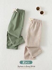 Cozy Pixies 2pcs Baby Boy Elastic Waist Pants With Decorative Ribbon - Green - View 6