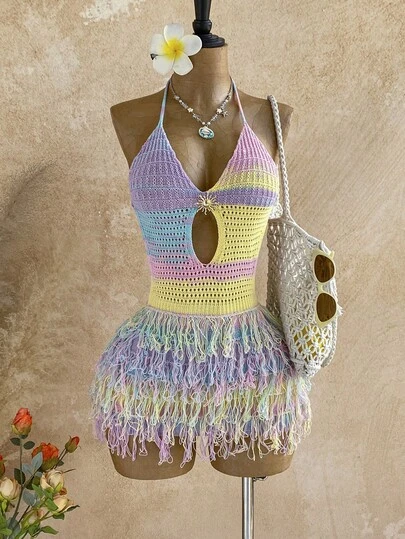 Soleia Women's Contrast Color Halter Tie Backless Metallic Decor Hollow Out Tassel Design Fashion Date Party Knit Dress,Elegant Dresses For Women ,Summer Clothes,Beach Outfits For Women,