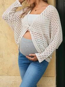 SHEIN Maternity Solid Color Twist Hollow V-Neck Fashionable Long Sleeve Sweater - Apricot - View 3