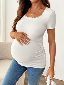 SHEIN Maternity Casual Contrast Lace Round Neck Fitted Short Sleeve T-Shirt, Summer - White - View 6