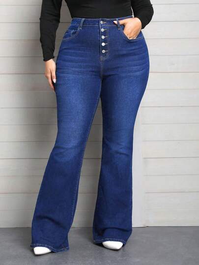 EMERY ROSE Plus Size Women Elastic Waist Jeans, Multiple Button Design Skinny Flare Pants