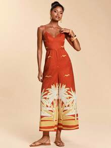 Travachic Women's Boho Orange Palm Print Spaghetti Strap Long Jumpsuit Woven Fabric Sleeveless Summer Style - Orange - View 1