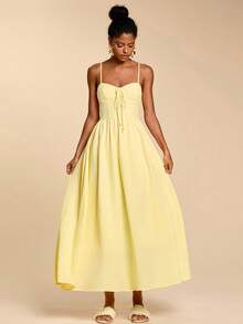 Travachic 女士休闲度假风纯色系带吊带连衣裙，夏季，嘉年华 - 黃色 - 查看 1