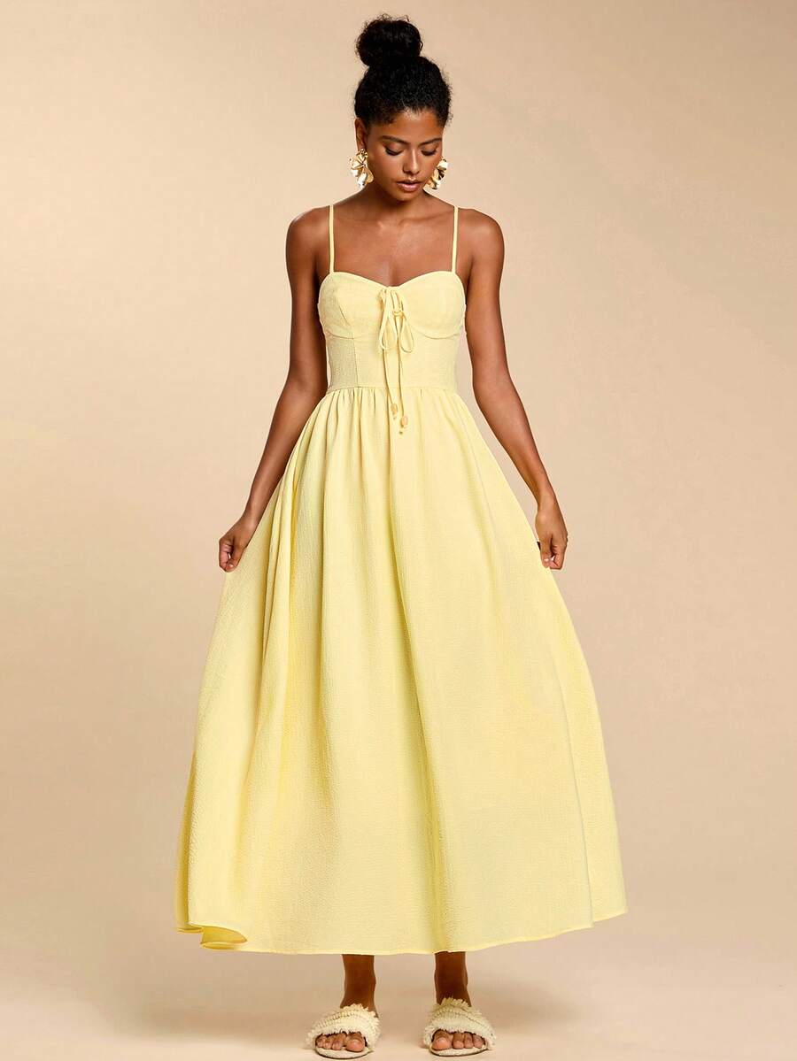 Travachic 女士休闲度假风纯色系带吊带连衣裙，夏季，嘉年华 - 黃色 - 查看 1