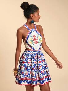 Travachic Đầm cổ yếm thời trang in chữ và trái cây dành cho nữ, thích hợp cho kỳ nghỉ. - Nhiều màu - Xem 6