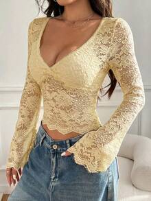 SHEIN EZwear 女士优雅性感纯色蕾丝深V领上衣 - 鵝黃色 - 查看 6
