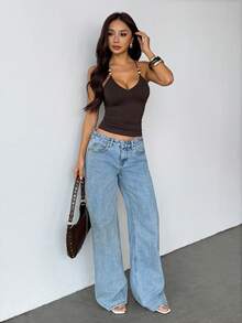 SHEIN PETITE Áo hai dây màu nâu đính hạt cho nữ, áo hai dây ôm sát gợi cảm kiểu retro mùa hè, áo không tay đi biển màu nâu sô cô la cho nữ, áo gợi cảm - màu nâu - Xem 8