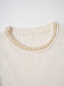 SHEIN Franclia New Spring/Summer Casual Loose Daily Elegant Elegant Commuting Pearl Trim Round Neck Soft Minimalist Low-Key Sweet Charming & Modern Refined Fashion High-End French Sweet Korean Gentle Commuting Women Knit Sweater - Apricot - View 5