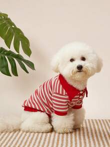 PETSIN 一件适合秋冬季狗狗穿着的条纹Polo衫，也适合短毛无毛猫穿着。