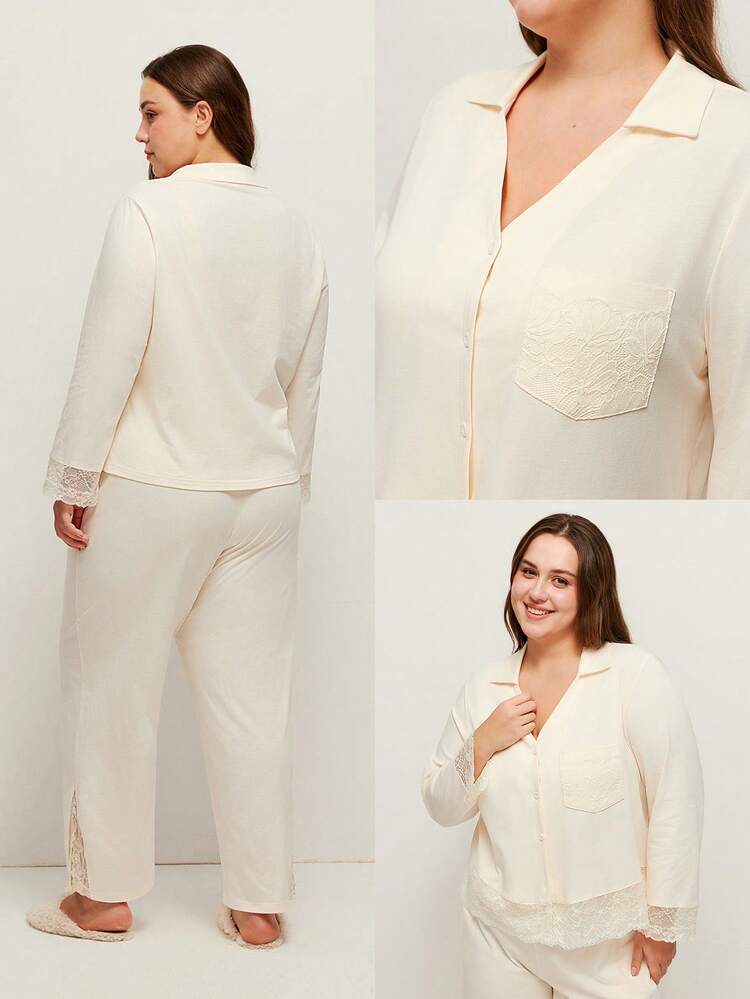 Plus Size Lace Trim Button-Up & Pants Pajama Set