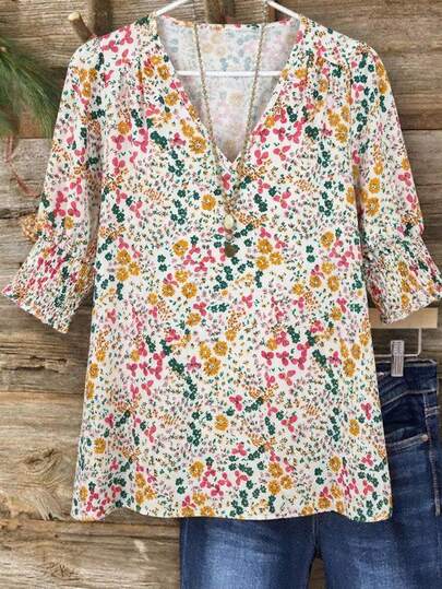 GlowEve CURVE Große Größen Blume Muster V-Ausschnitt Puffärmel Lässig Bluse