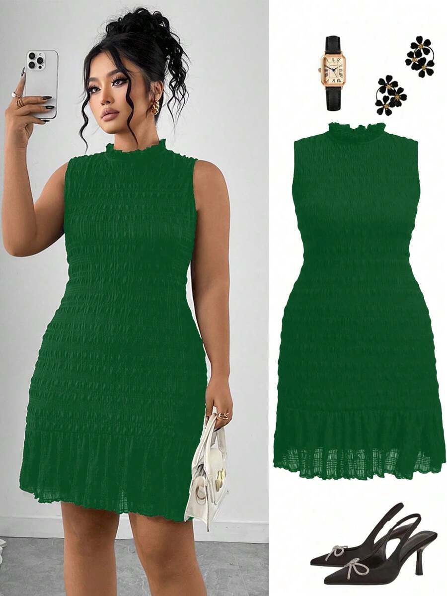 Elenzga 大码提花面料纯色荷叶边无袖连衣裙，罗纹针织修身半身裙，时尚百搭，适合约会和派对 - 綠色 - 查看 1