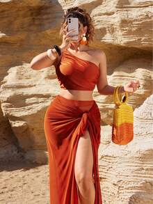 Swim Oasis 大码单肩高腰吊带泳衣套装，带网纱裹裙，三件套度假泳装 - 棕色 - 查看 8