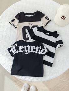 SHEIN 3件套男女宝宝休闲撞色短袖T恤针织上衣套装，春夏宝宝服装，街头风 - 黑色 - 查看 5