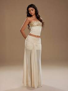 TRNVIE 夏季休闲度假女士金色宴会抹胸拼接串珠露背弹力腰带衬里和网纱系带扭结透明A字性感炸弹情人节波西米亚浪漫派对活动两件套 - 杏色 - 查看 6