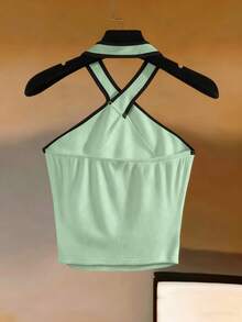 Franclia 女士露背无袖上衣，黑色滚边。适合海滩度假、可爱优雅的内衣、秋冬季节、国庆新年、优雅时尚的日常穿着、休闲办公装、百搭时尚、都市职业装（教师适用）。 - 綠色 - 查看 2