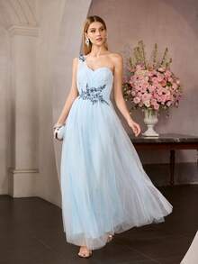 MOTF Soiréza Đầm dài nữ bằng vải lưới đính sequin và thêu hoa. - Màu xanh lam - Xem 4