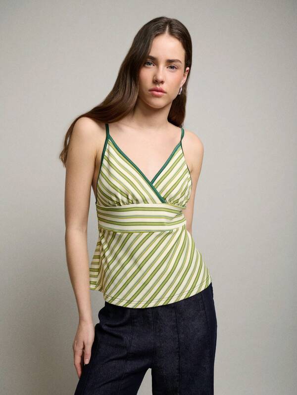 Nöista Striped Fitted Tank Top With Contrast Bindings. Crossed Neckline And Hortizontal Pannel Under Chest.For Festive Resort And Spring, Spring Summer Looks.