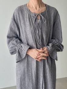 FRIFUL 女士纯色系带领单排扣休闲宽松日常约会外出长裙 - 藏蓝色 - 查看 2