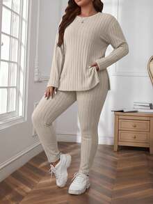 SHEIN Cottnline Plus Size Women Solid Color Crew Neck Ribbed Long Sleeve Top And Pants Casual Outfit - Beige - View 7