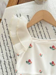 SHEIN LMoss Kids LMoss 嬰兒女童針織花卉拼接荷葉領休閒連身褲 短袖連身褲 櫻桃造型套裝 - 彩色 - 查看 5