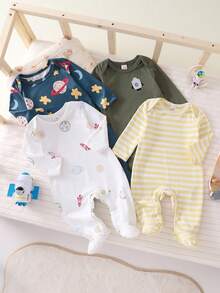 4件套新生儿简约印花长袖连体睡衣套装 - 彩色 - 查看 1