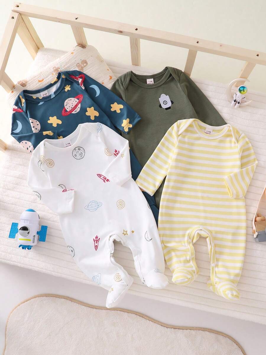 4件套新生儿简约印花长袖连体睡衣套装 - 彩色 - 查看 1