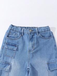 Tween Boy Cool Multi-Pocket Casual Street Style Drawstring Waist Washed Blue Denim Jeans - Light Wash - View 5
