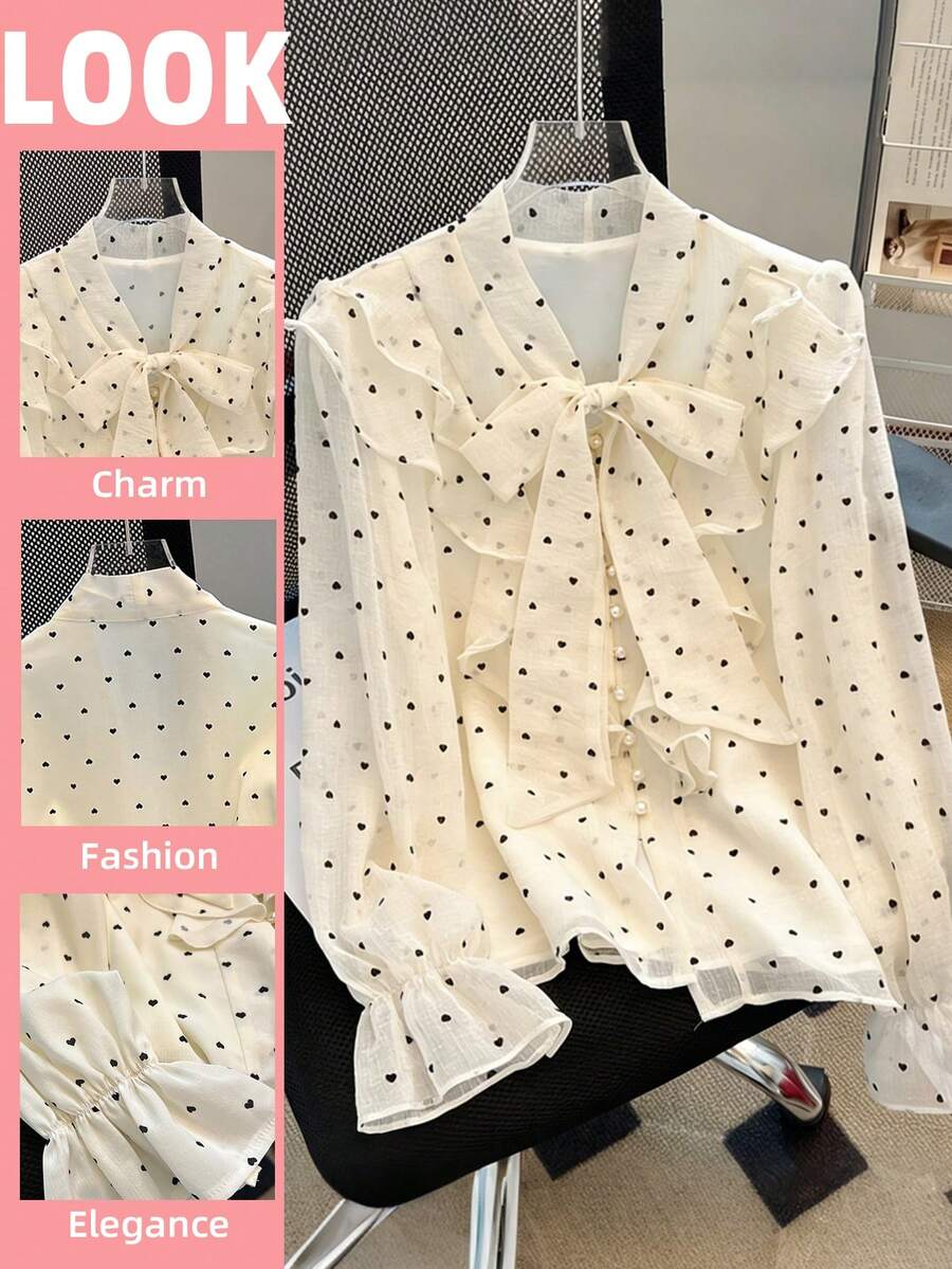 Franclia Women's New Spring/Summer Elegant And Sweet Ruffled, Heart-Shaped Tie-Front Long-Sleeved Shirt,Women's Shirts For Spring And Summer, Women's Spring Outfits With Shirts, Women's Valentine's Day Outfits With Shirts, Women's Valentine's Day Clothing (Shirts), Elegant Women's Shirts, Women's Heart-Patterned Shirts, White Women's Shirts - Beige - View 1