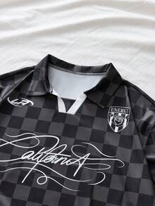 AXEPEAK Men's Letter & Plaid Print Casual Versatile Short Sleeve Polo Shirt - Black - View 3