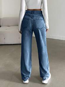 SHEIN Tall Women's High Waist Pockets Straight Loose Casual Versatile Jeans - Medium Wash - View 2