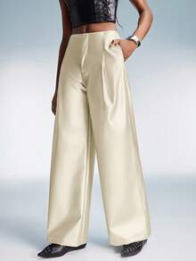 Aveloria Affinna 女士PU材质，复古美式设计，收腰宽松休闲百搭阔腿直筒裤 - 米色 - 查看 4