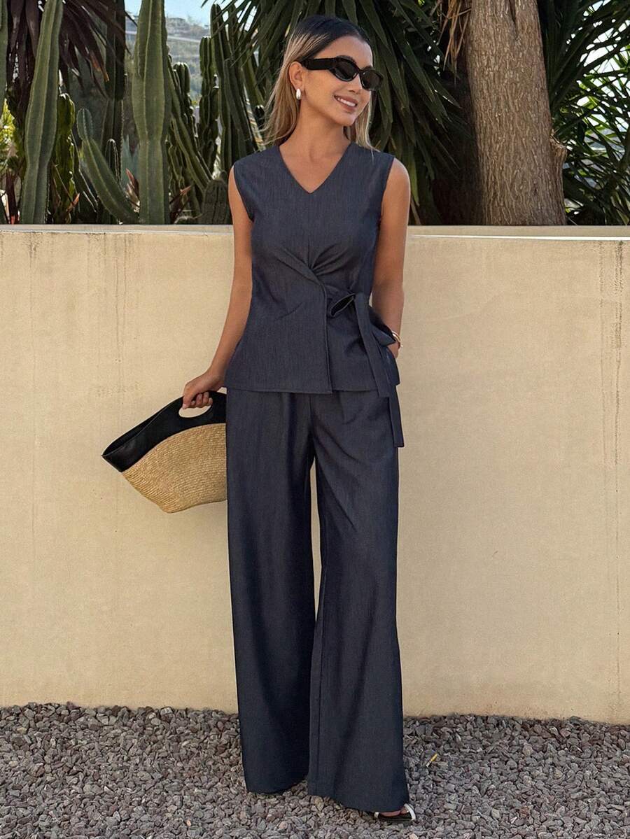 DAZY Women's V-Neck Sleeveless Waist Fitted Denim Top And Loose Straight Leg Denim Pants Casual Suit - Dark Wash - View 1