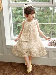 SHEIN 年轻女孩夏季优雅碎花宽松露背连衣裙，搭配斜挎包，度假风 - 杏色 - 查看 6