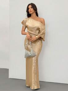 SHEIN Tall 秋冬季纯金色纹理不对称肩部上衣，金色女士衬衫，秋季斜肩上衣，适合夜店派对、外出、秋季女装、复古风格、工作/办公室、商务休闲女装、女士办公室晚装 - 金色 - 查看 9