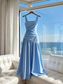GlowEve Elegant Commuter Work Vacation Pleated Asymmetric Strap Dress - Blue - View 1