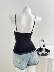 Elamini 女士休闲黑色植绒波点性感V领蕾丝边拼接吊带背心，夏季 - 黑色 - 查看 2