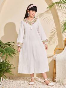 少女秋季洋裝 Al-Adha 白色花卉 Abaya，夏季波西米亞度假風保守迷你洋裝，秋季穿搭 - 白色 - 查看 5
