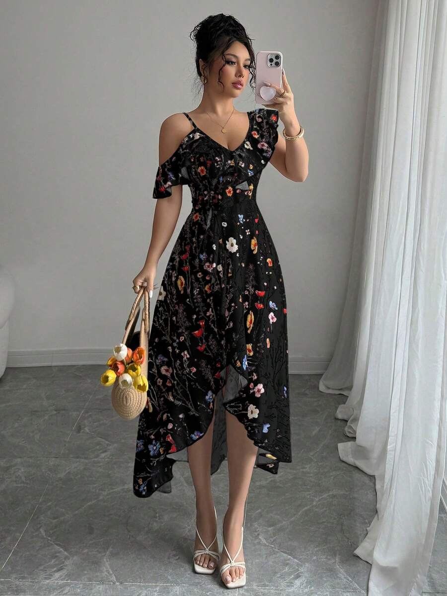 Elenzga Elegant Asymmetric Ruffle Floral Print Summer Dress - Black - View 1
